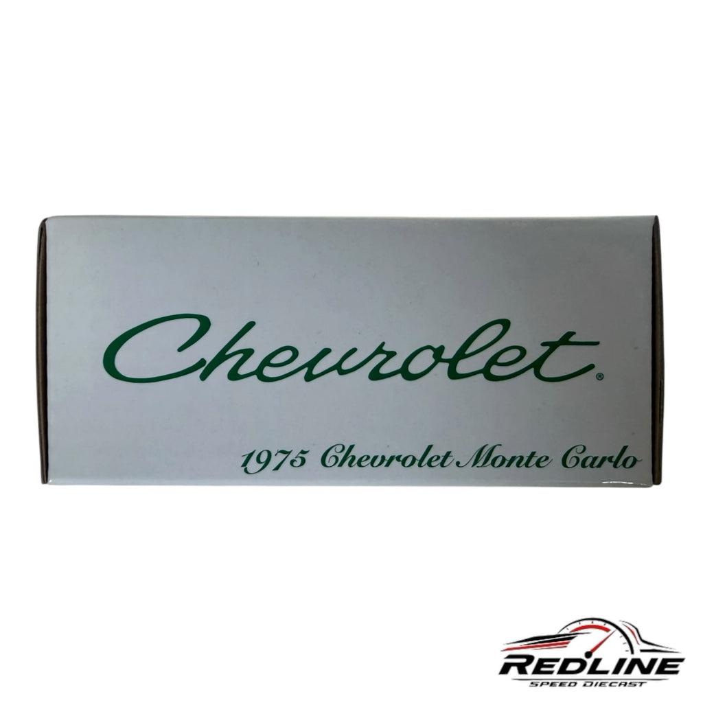 Redline Speed Diecast branded packaging for a 1975 Chevrolet Monte Carlo model car featuring green text on white box