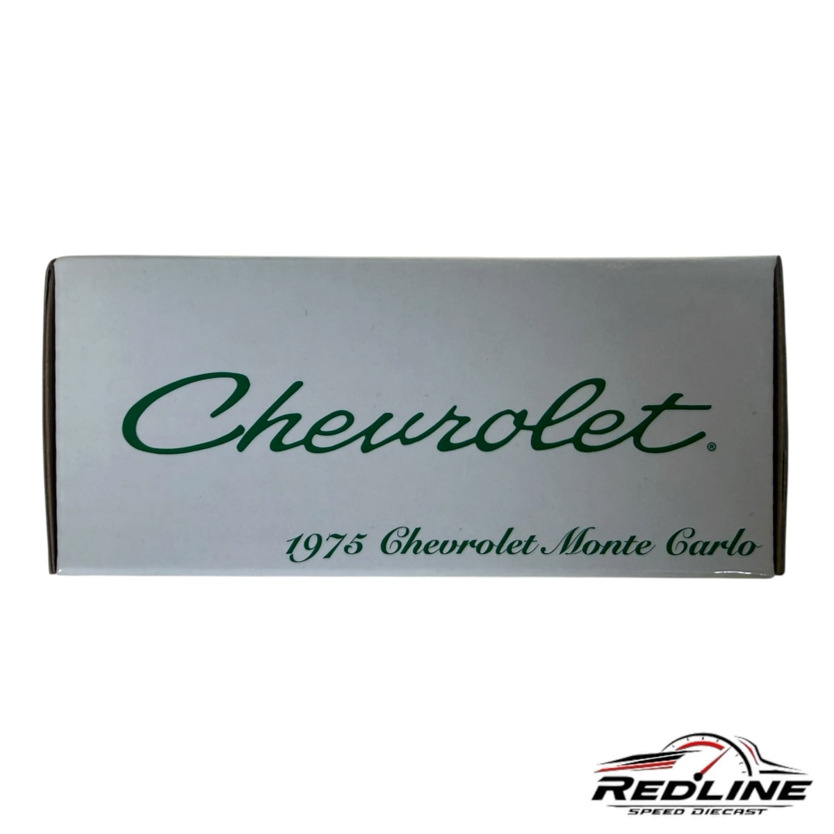 Redline Speed Diecast branded packaging for a 1975 Chevrolet Monte Carlo model car featuring green text on white box