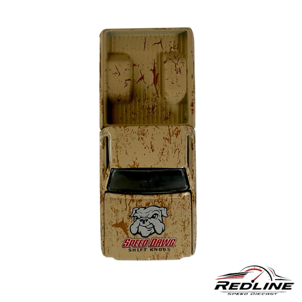 Redline Speed Diecast 1973 Chevrolet pickup truck model in weathered tan with Speed Dawg bulldog hood graphic