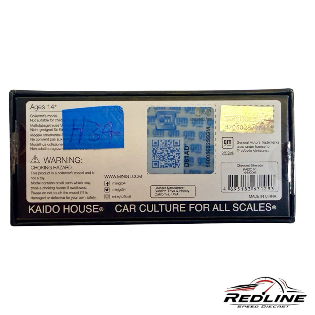 Redline Speed Diecast KAIDO HOUSE Chevrolet Silverado packaging box back with official GM hologram and product details