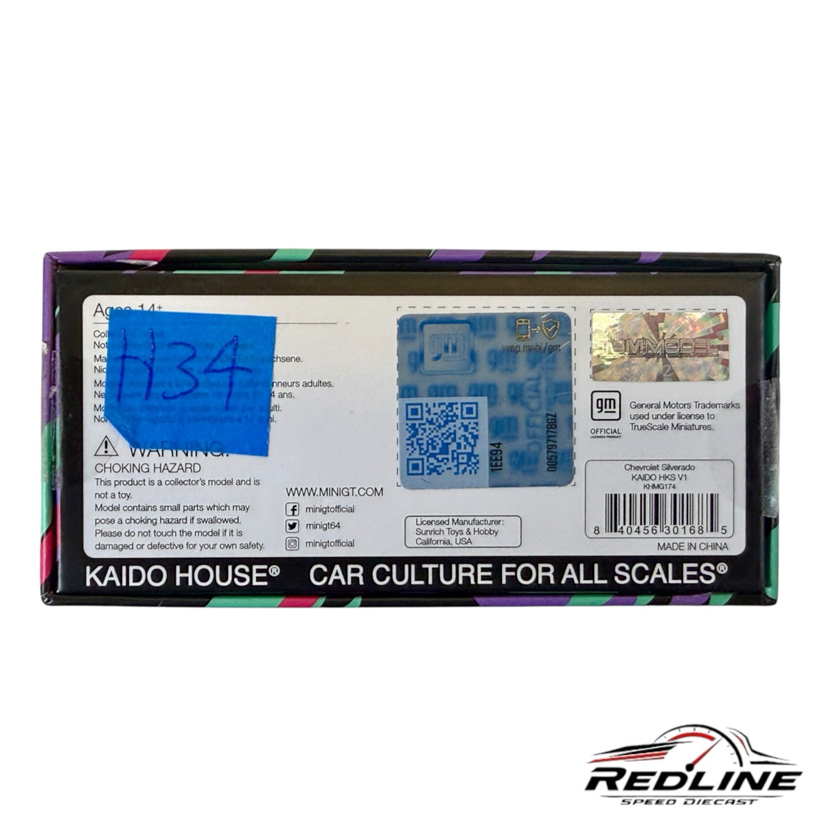 Redline Speed Diecast packaging box for KAIDO HOUSE Chevrolet Silverado HKS V1 model with official GM hologram