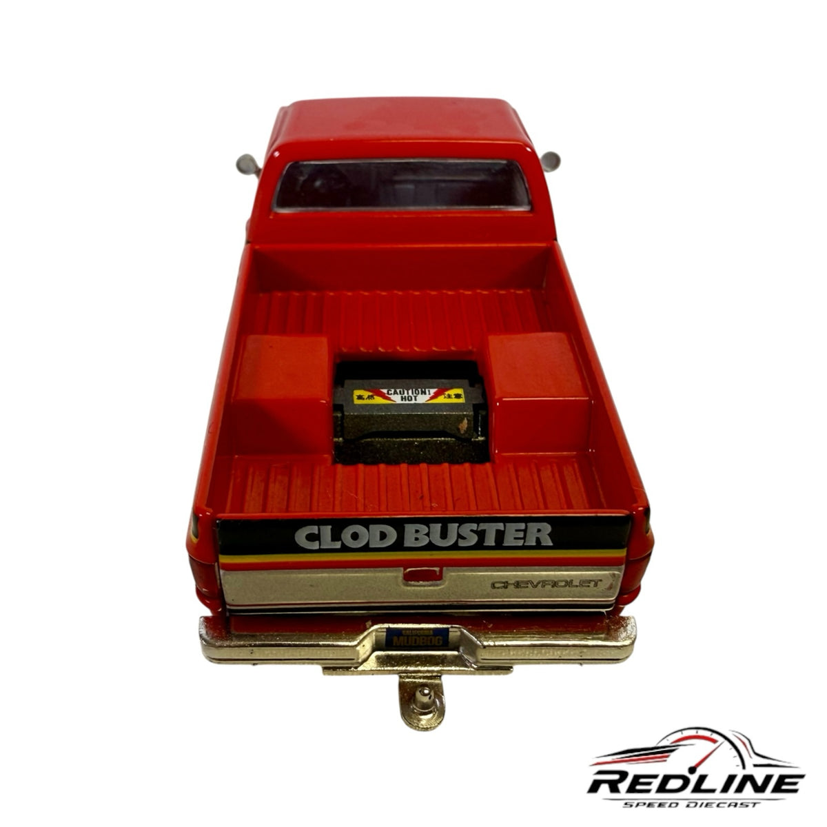 Redline Speed Diecast Kaido House Tamiya Chevrolet Silverado Clod Buster truck bed view in red with detailed graphics