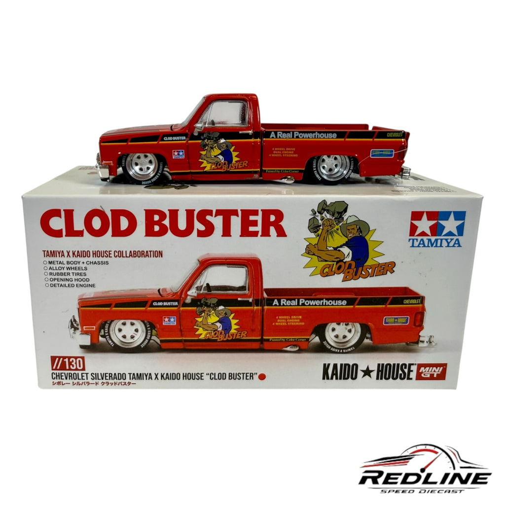 Redline Speed Diecast Kaido House Tamiya Chevrolet Silverado Clod Buster diecast truck in red with custom graphics.