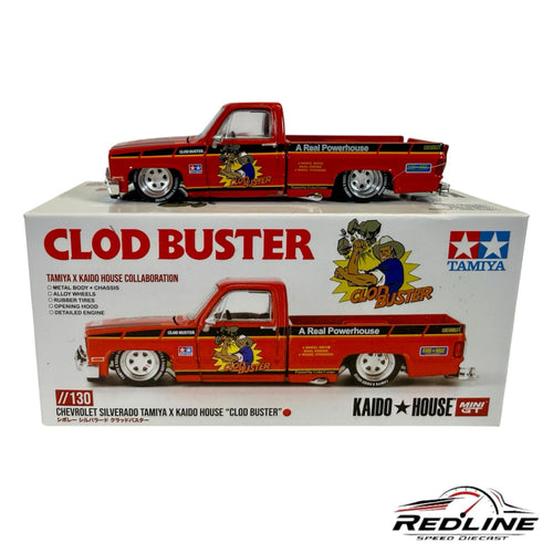 Redline Speed Diecast Kaido House Tamiya Chevrolet Silverado Clod Buster diecast truck in red with custom graphics.