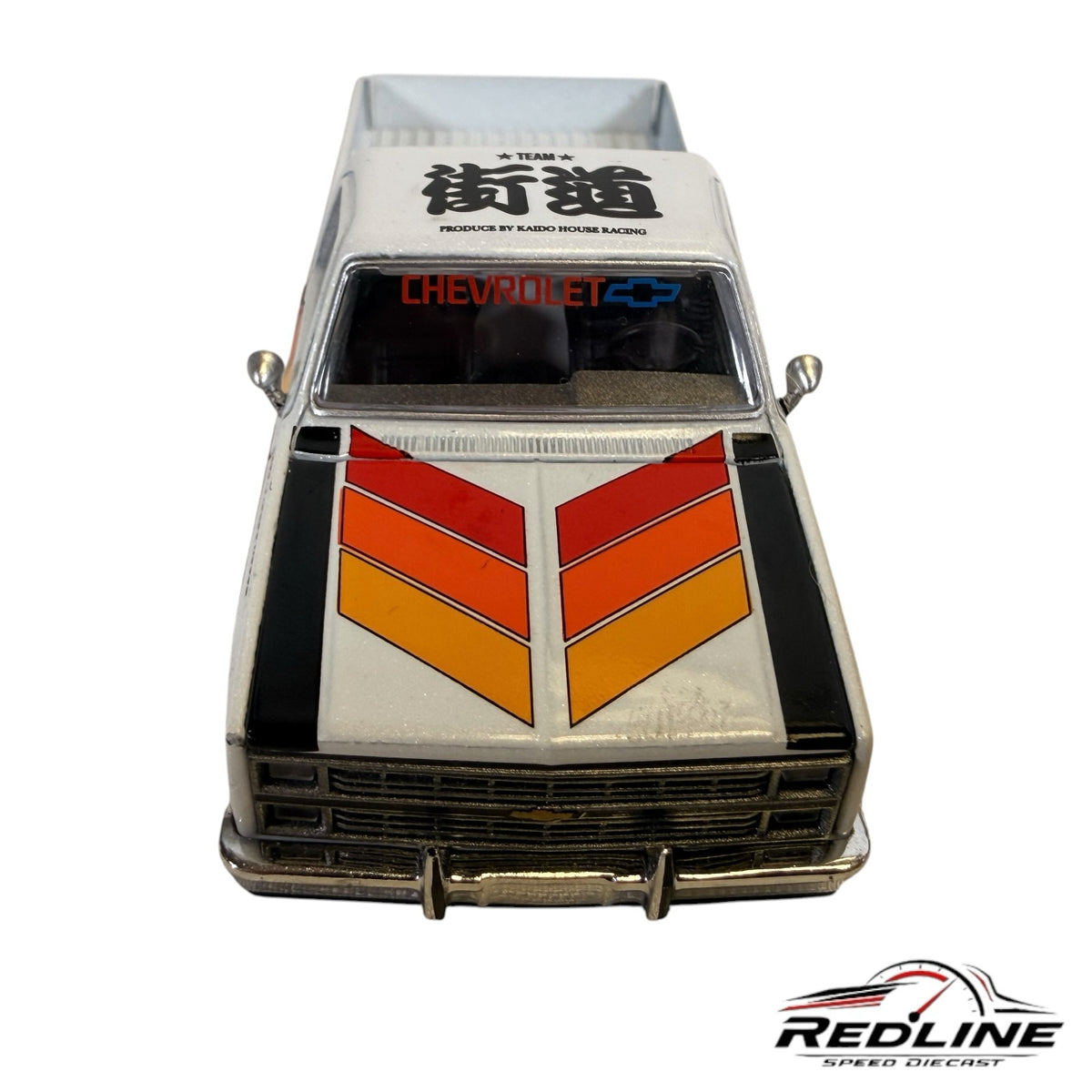 Redline Speed Diecast 1:64 scale white Chevrolet Silverado pickup with retro red and orange racing stripes