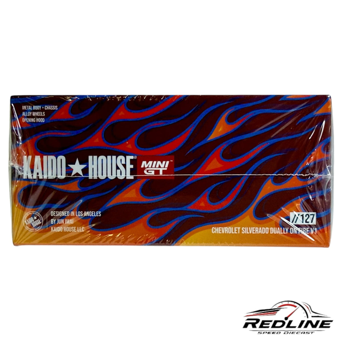 Redline Speed Diecast KAIDO HOUSE MINI GT Chevrolet Silverado Dually On Fire V1 collector box with flame graphics