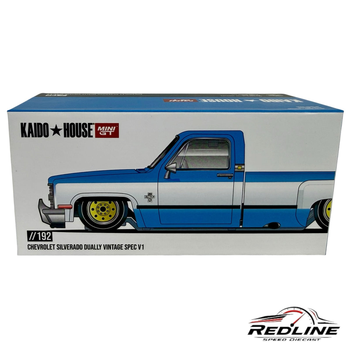 Redline Speed Diecast packaging for a blue and white 1983 Chevrolet Silverado Dually Vintage Spec V1 model truck