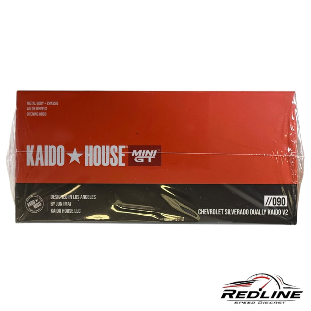 Redline Speed Diecast packaging for the Kaido House Mini GT Chevrolet Silverado Dually Kaido V2 model truck