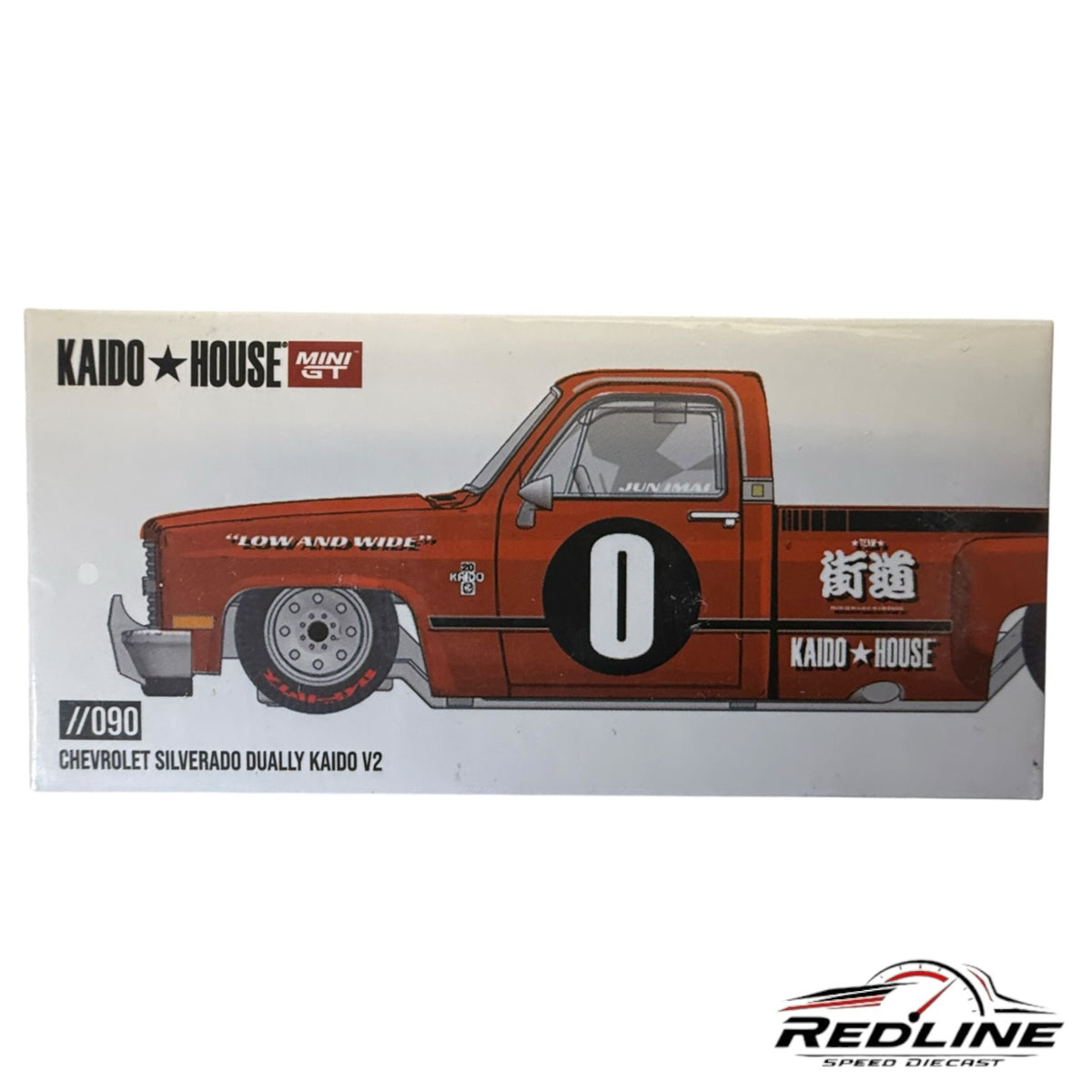 Redline Speed Diecast KAIDO HOUSE MINI GT Chevrolet Silverado Dually V2 model truck packaging in vibrant orange
