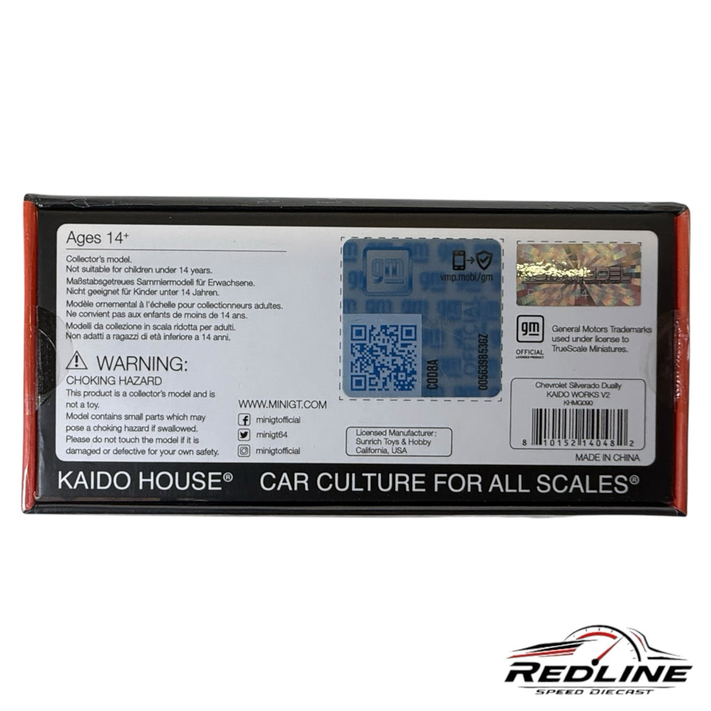 Redline Speed Diecast packaging back for Kaido House Mini GT Chevrolet Silverado Dually V2 with official GM hologram