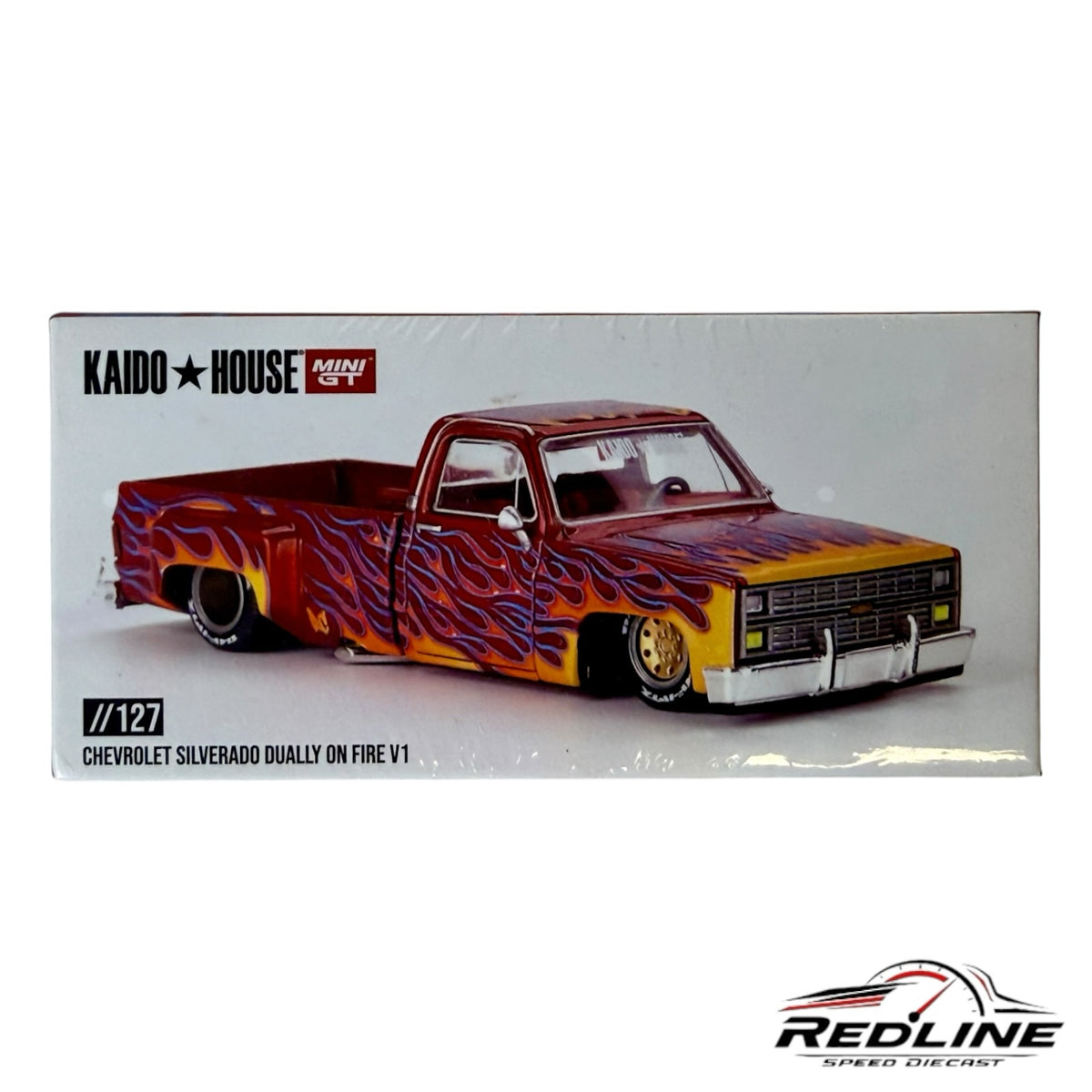 Redline Speed Diecast Kaido House Mini GT Chevrolet Silverado Dually On Fire V1 model truck in box