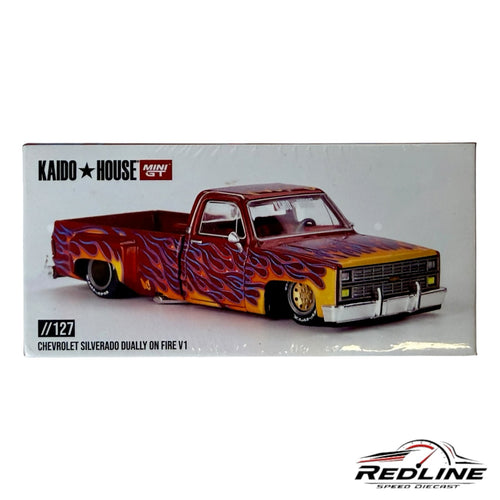 Redline Speed Diecast Kaido House Mini GT Chevrolet Silverado Dually On Fire V1 model truck in box
