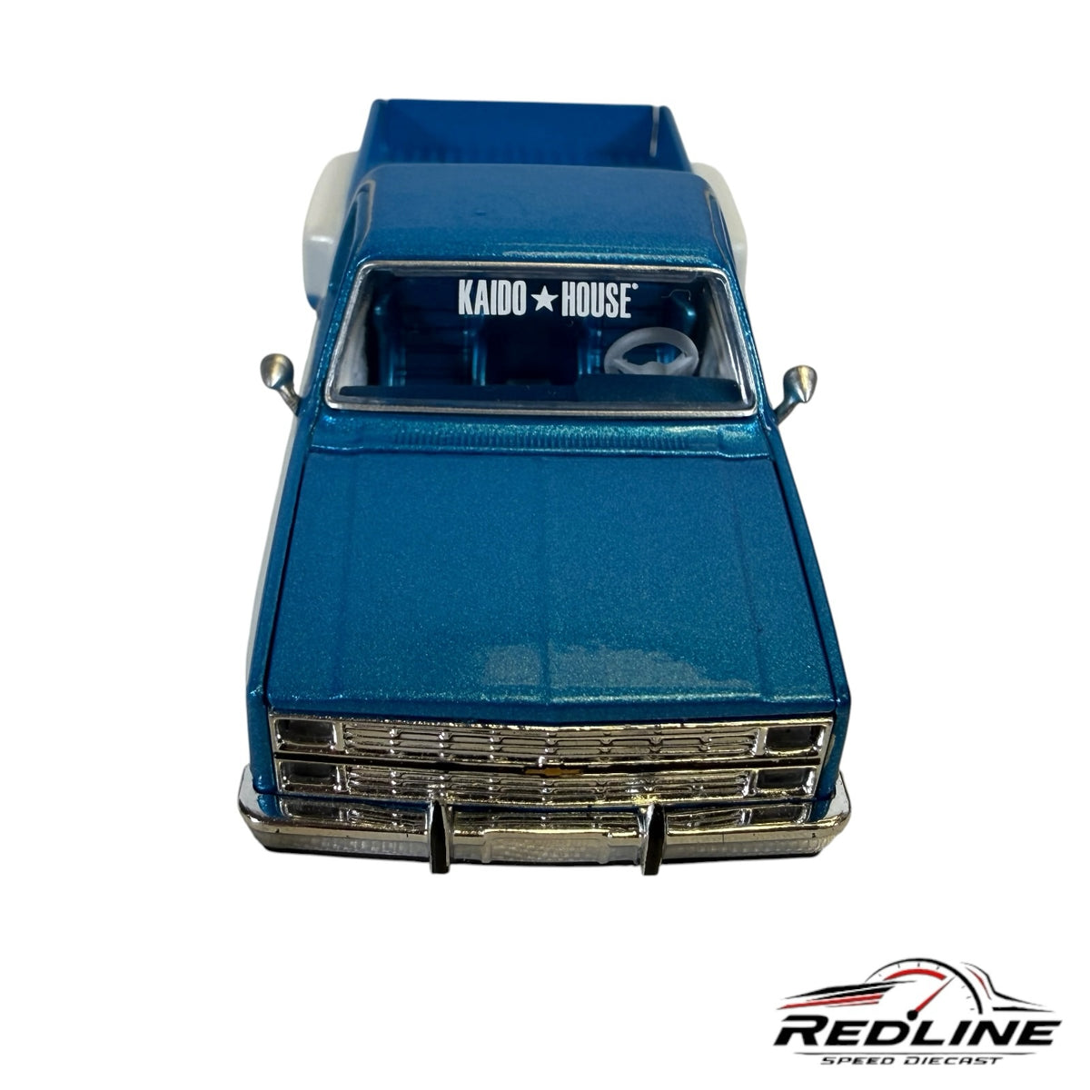 Redline Speed Diecast 1:64 scale blue and white Chevrolet Silverado Dually truck with Kaido House windshield decal