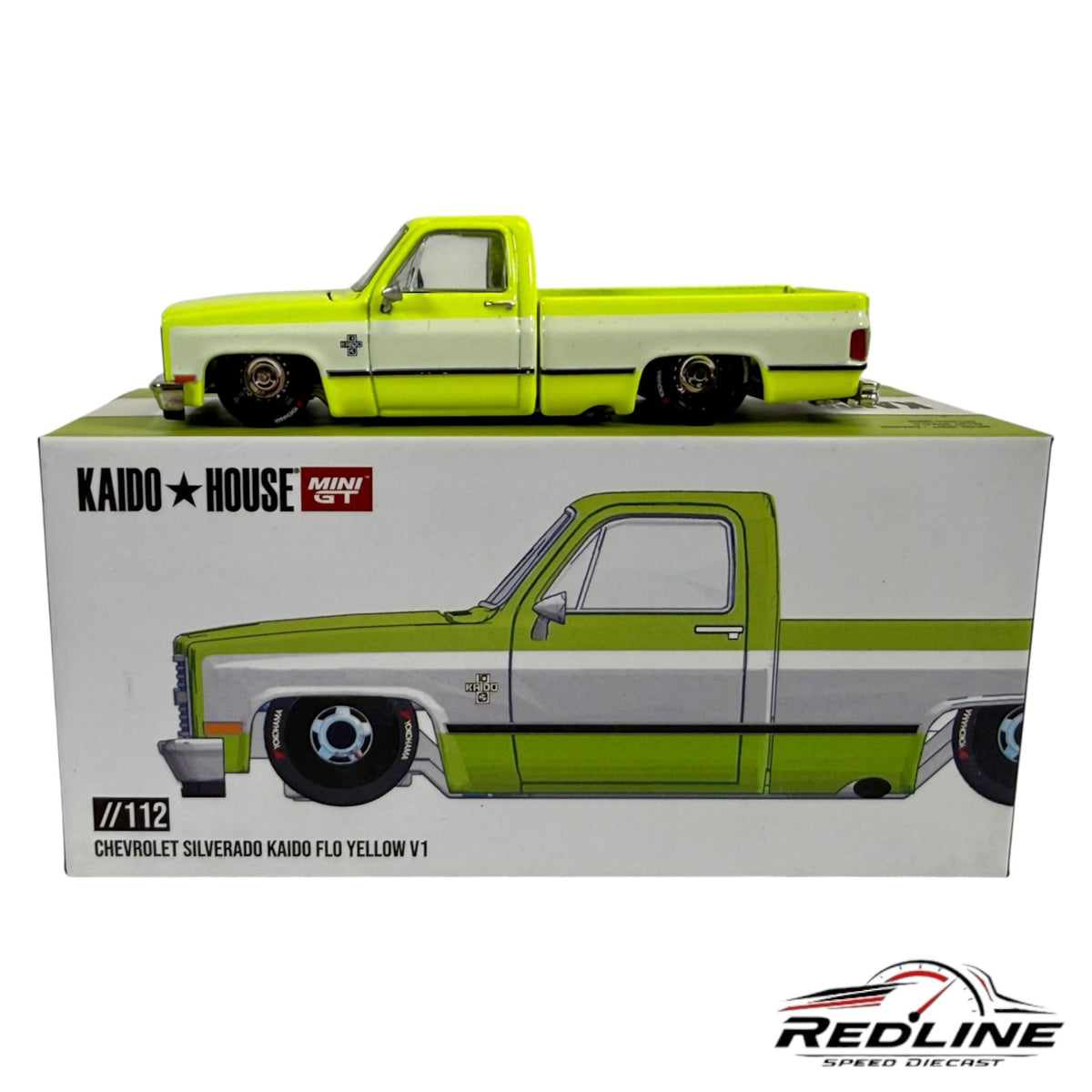 Redline Speed Diecast 1:64 scale Kaido House Mini GT Chevrolet Silverado in flo yellow with a lowered custom stance.