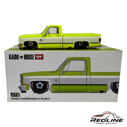 Redline Speed Diecast 1:64 scale Kaido House Mini GT Chevrolet Silverado in flo yellow with a lowered custom stance.