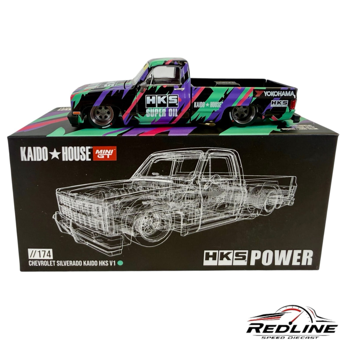 Redline Speed Diecast 1:64 scale 1983 Chevrolet Silverado HKS model truck with custom livery on display box