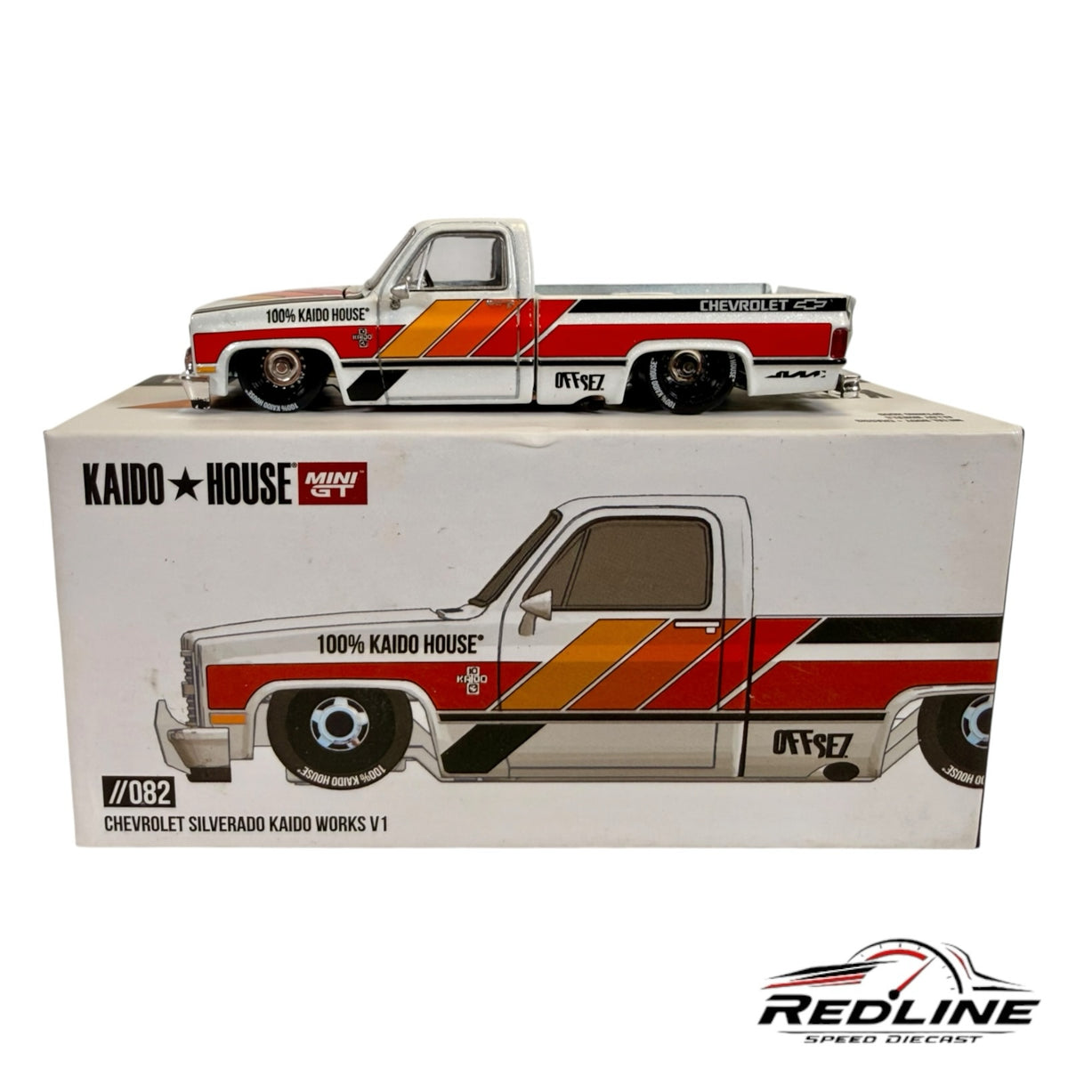 Redline Speed Diecast 1:64 scale white Chevrolet Silverado Kaido Works V1 truck with red and orange racing stripes