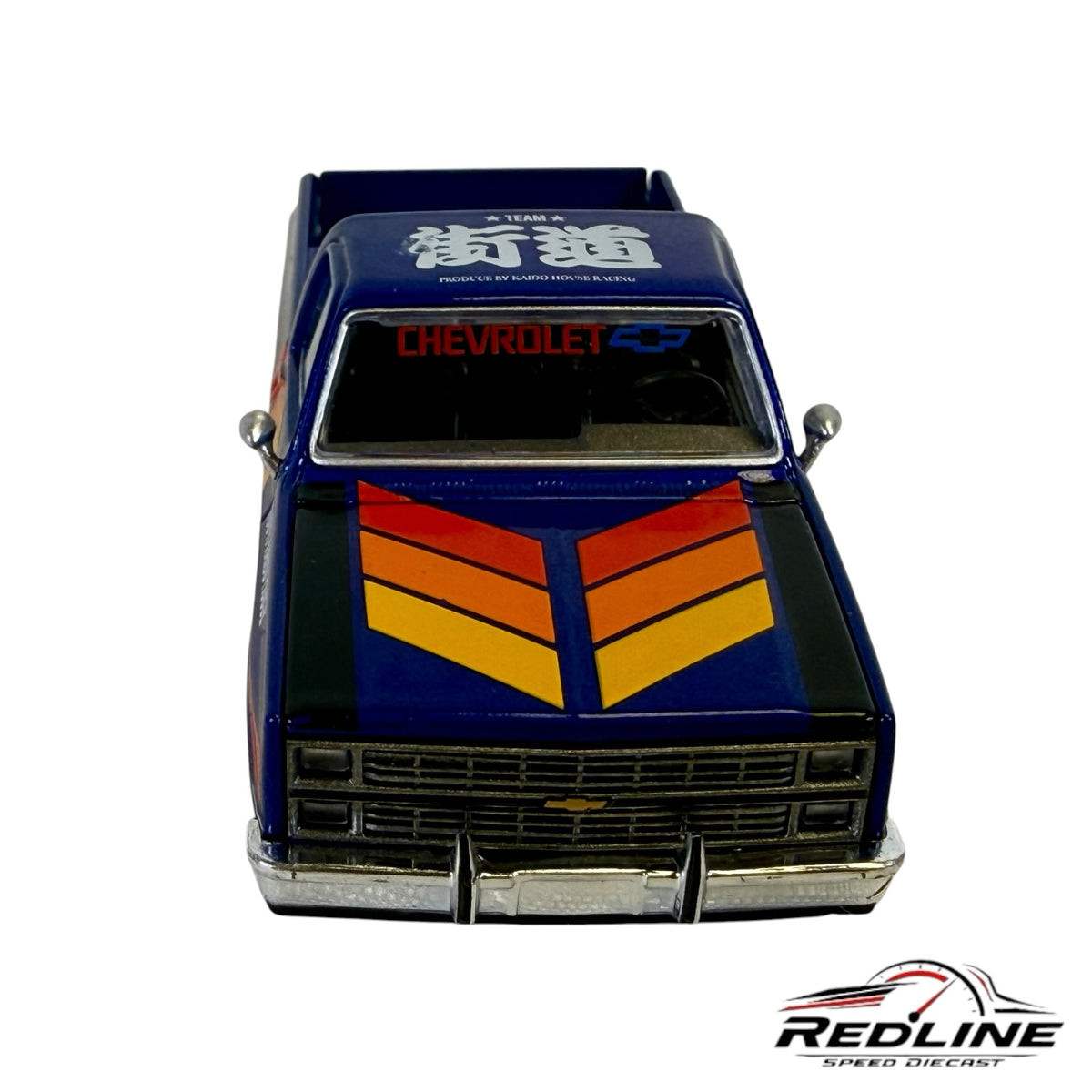 Redline Speed Diecast 1:64 scale blue 1983 Chevrolet Silverado model truck with retro orange and yellow hood stripes