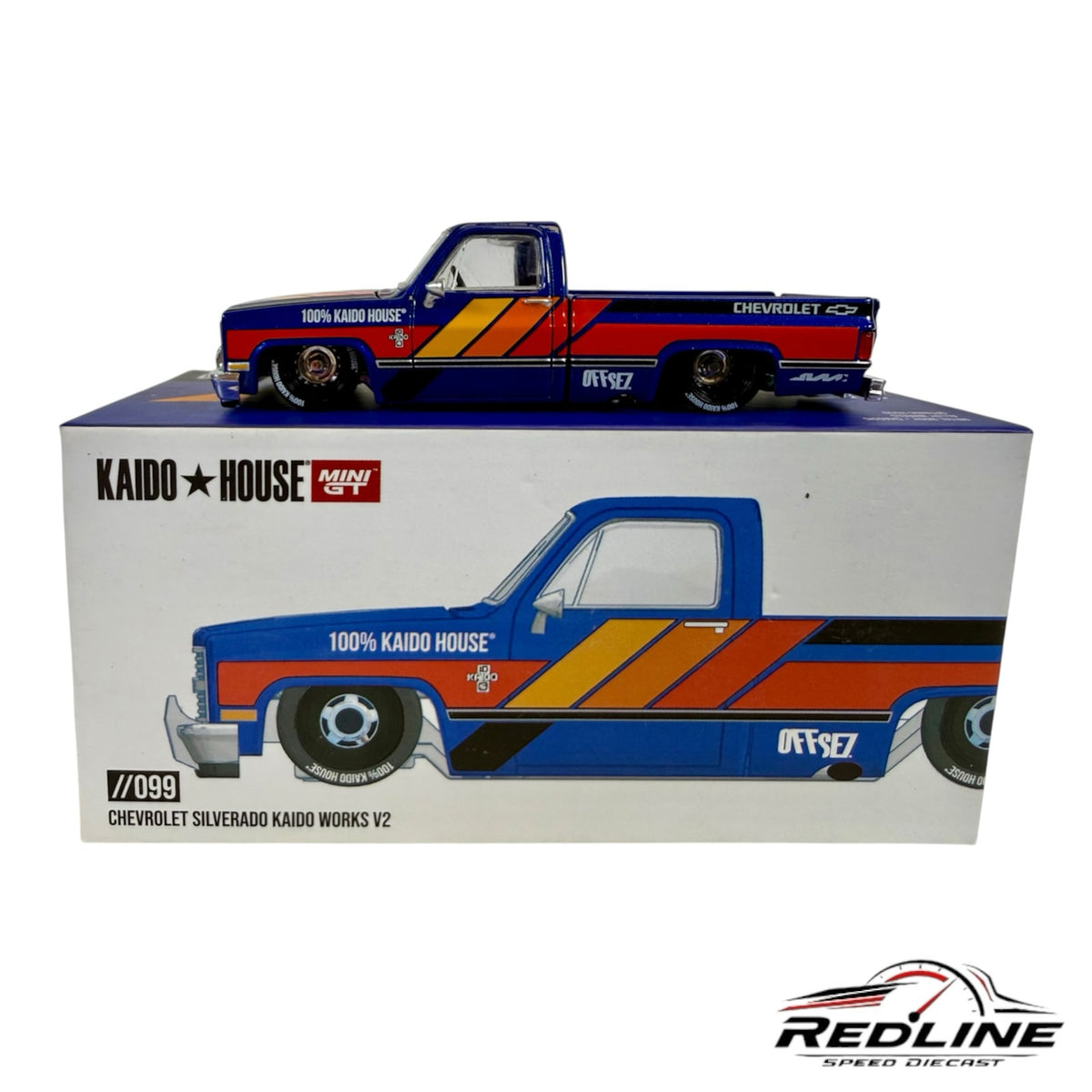 Redline Speed Diecast 1:64 scale 1983 Chevrolet Silverado model truck in blue with orange and yellow racing stripes.