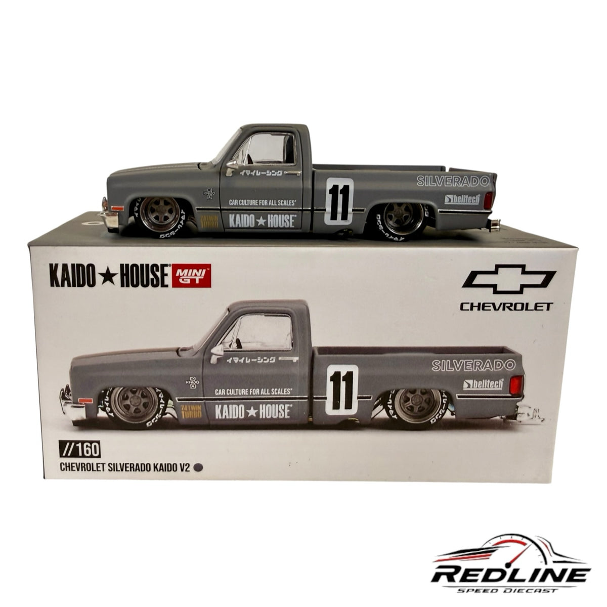 Redline Speed Diecast Kaido House Chevrolet Silverado V2 matte grey custom truck model with racing decals