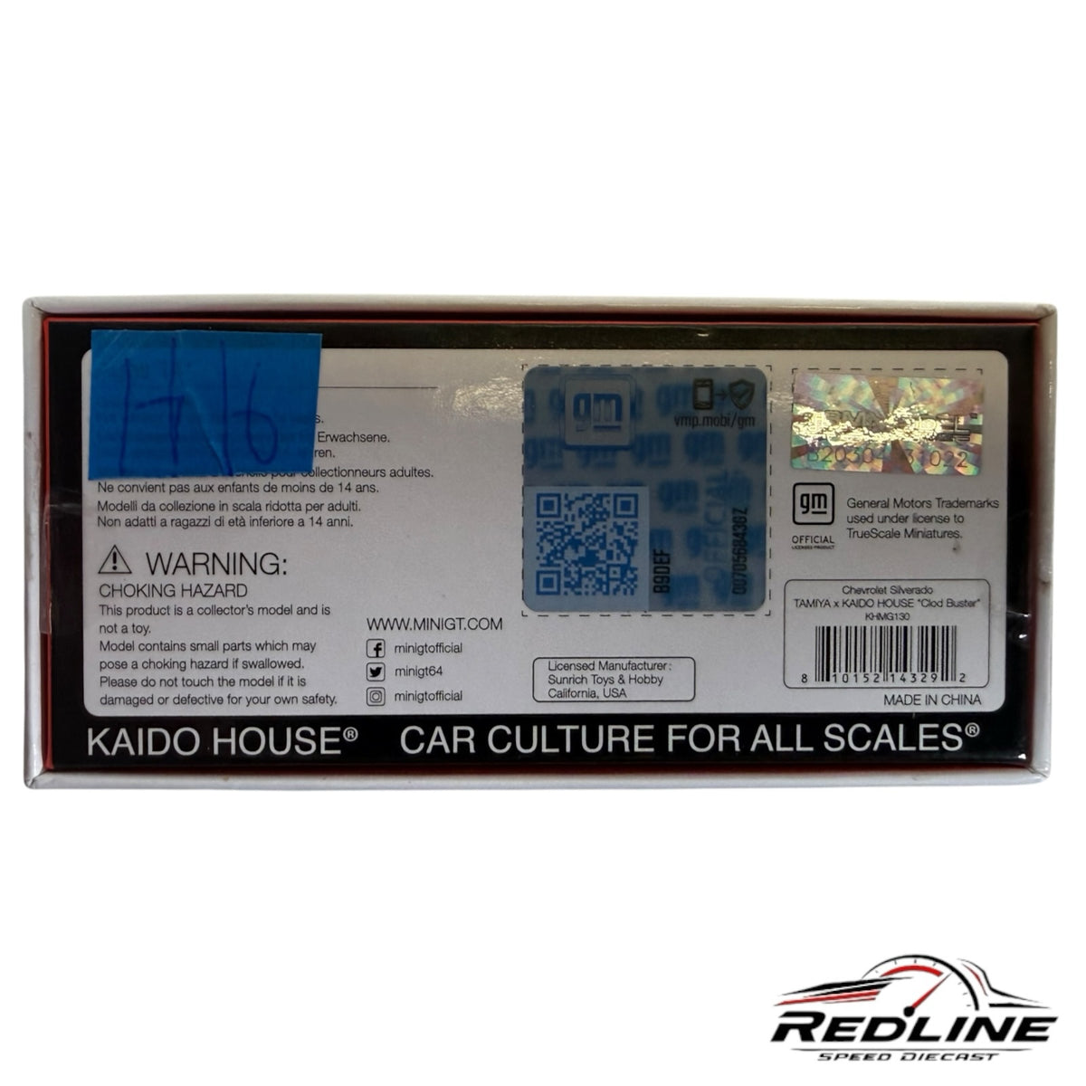 Redline Speed Diecast packaging back for Kaido House Tamiya Chevrolet Silverado Clod Buster model with GM hologram
