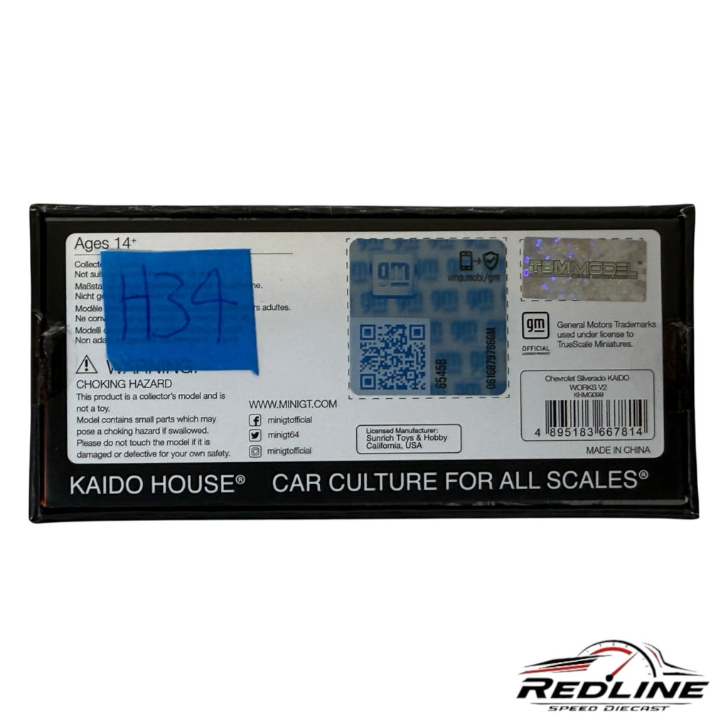 Redline Speed Diecast packaging back for Kaido House Chevrolet Silverado V2 1:64 scale model truck