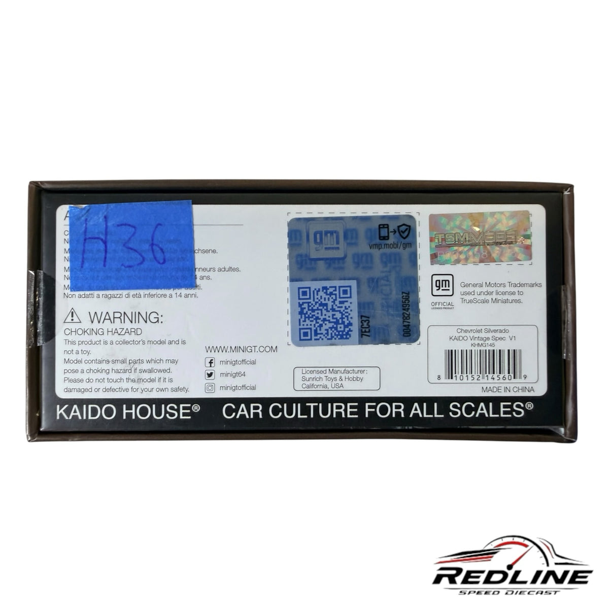 Redline Speed Diecast packaging back for KAIDO HOUSE MINI GT Chevrolet Silverado Vintage Spec model with GM hologram