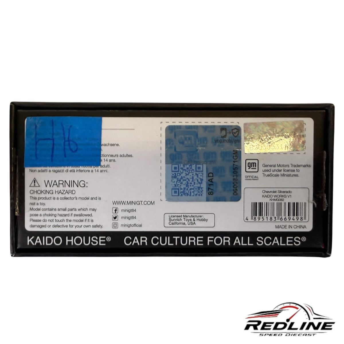 Redline Speed Diecast packaging box for KAIDO HOUSE Chevrolet Silverado 1:64 scale model with official GM hologram