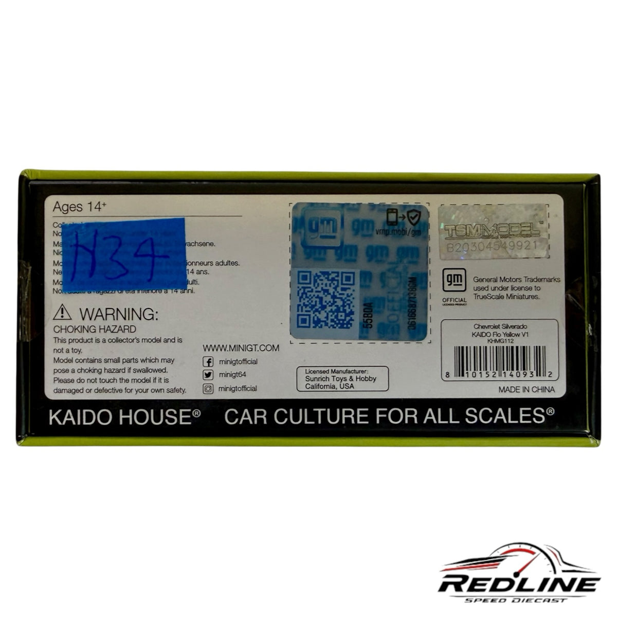 Redline Speed Diecast packaging box for Kaido House Mini GT Chevrolet Silverado V1 with official GM licensing labels