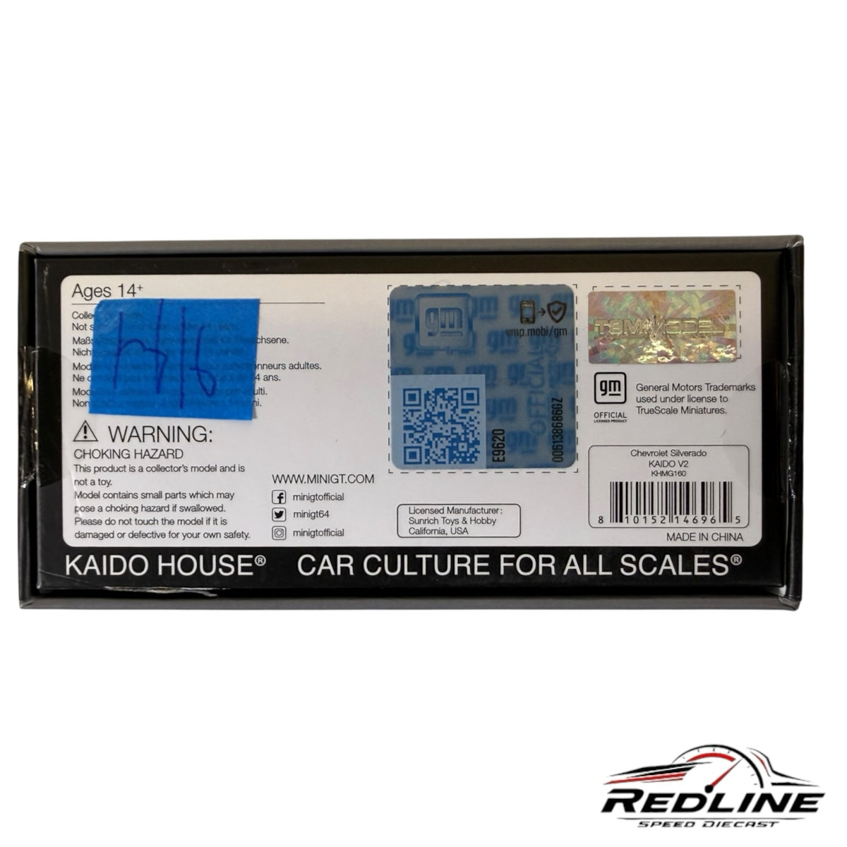 Redline Speed Diecast packaging for KAIDO HOUSE Chevrolet Silverado V2 model with GM and Mini GT authenticity labels.