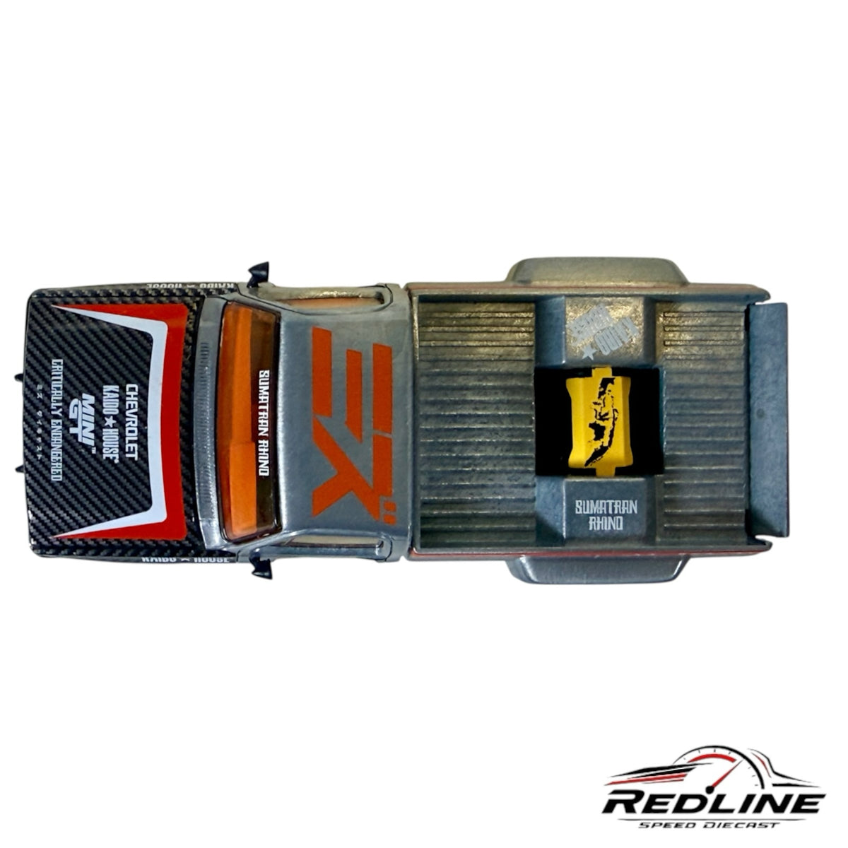 Redline Speed Diecast Kaido House x MINI GT Chevrolet Silverado Sumatran Rhino grey diecast truck top view