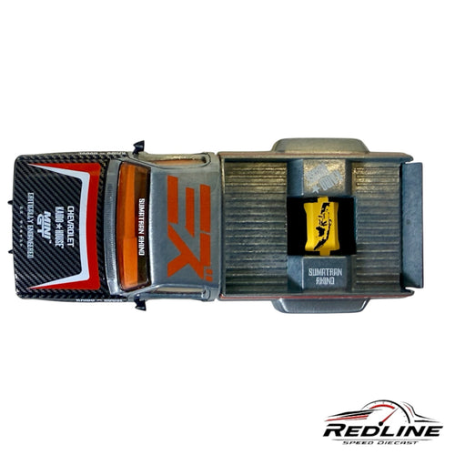 Redline Speed Diecast Kaido House x MINI GT Chevrolet Silverado Sumatran Rhino grey diecast truck top view