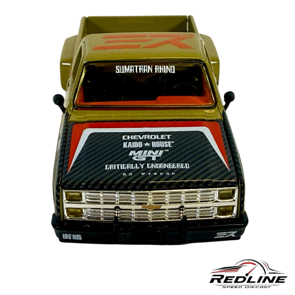Redline Speed Diecast 1:64 scale olive Chevrolet Silverado Sumatran Rhino truck with carbon fiber hood and graphics