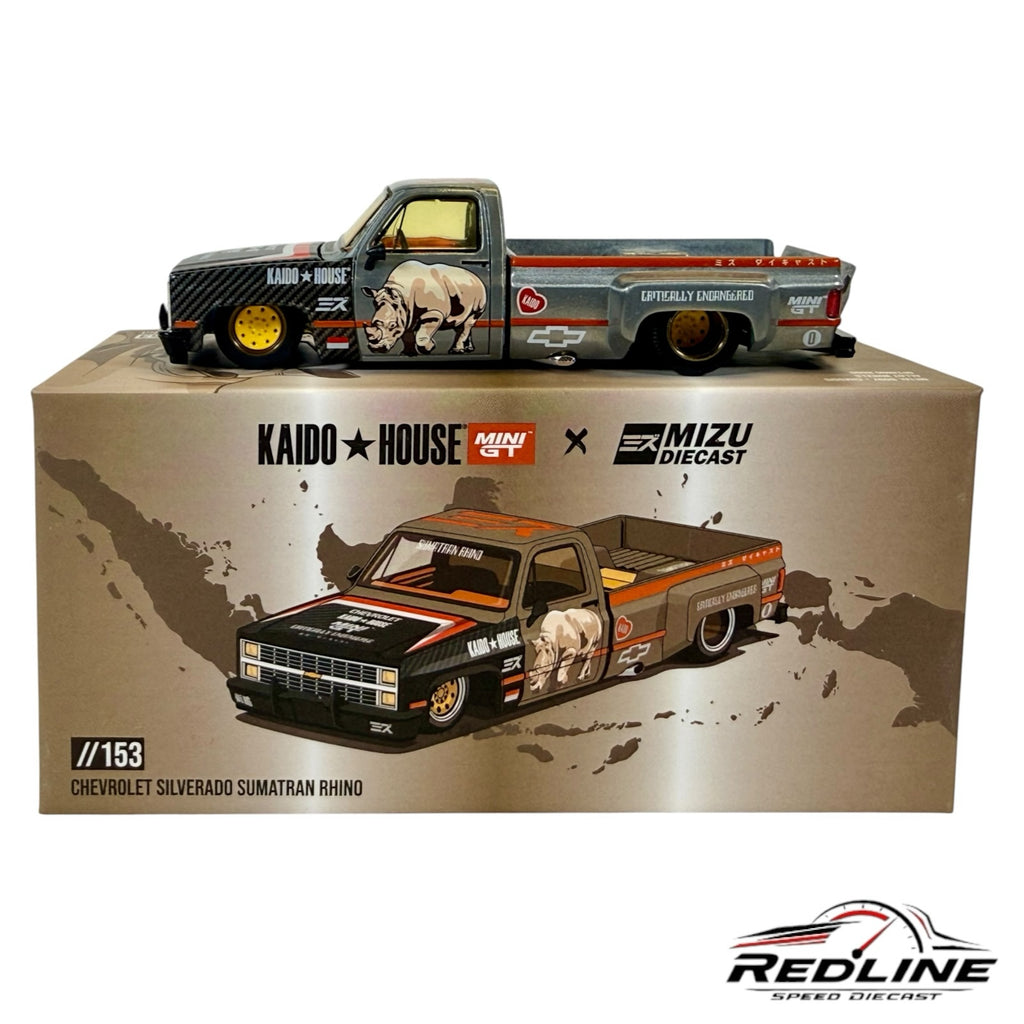 Redline Speed Diecast KAIDO HOUSE x MINI GT Chevrolet Silverado Sumatran Rhino grey 1:64 scale model truck