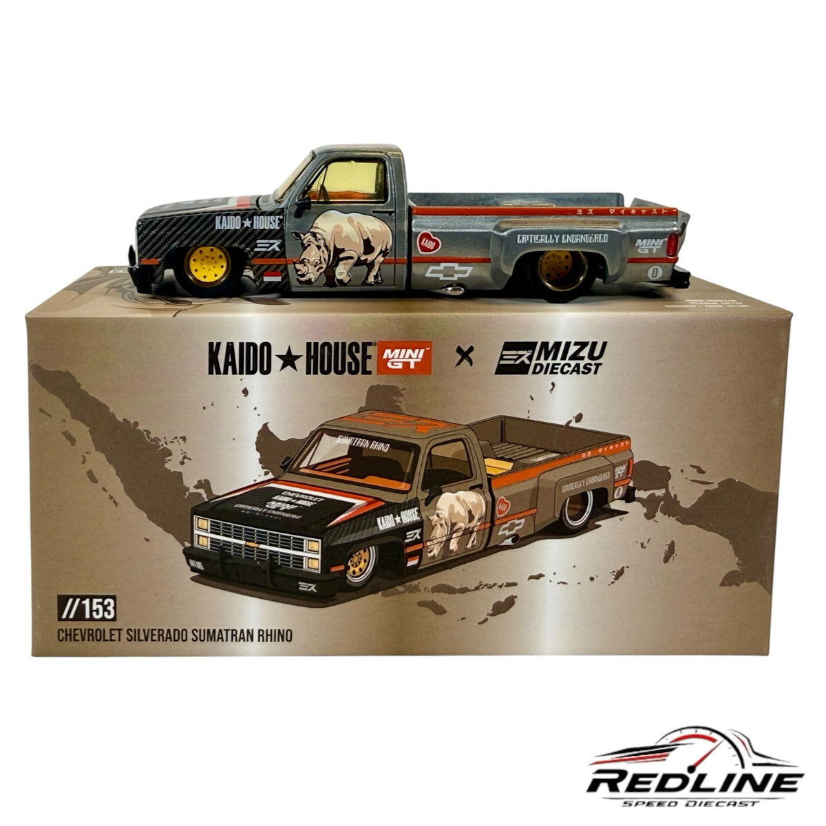 Redline Speed Diecast KAIDO HOUSE x MINI GT Chevrolet Silverado Sumatran Rhino grey 1:64 scale model truck
