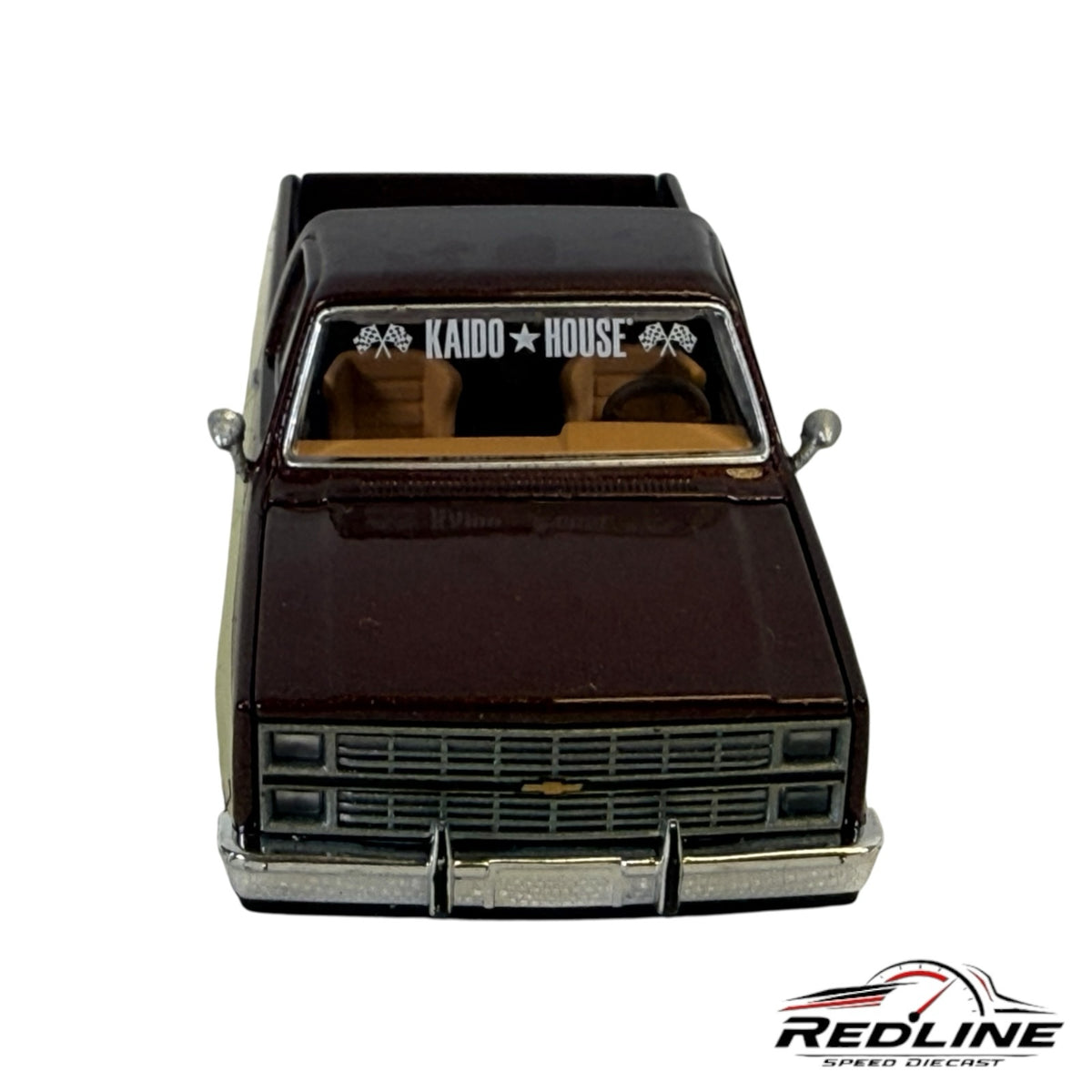 Redline Speed Diecast Kaido House Mini GT Chevrolet Silverado vintage spec truck in brown and cream front view