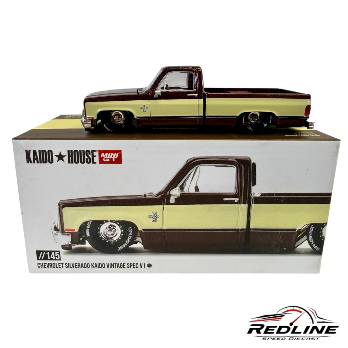 Redline Speed Diecast Kaido House Mini GT Chevrolet Silverado vintage spec truck in brown and cream on display box