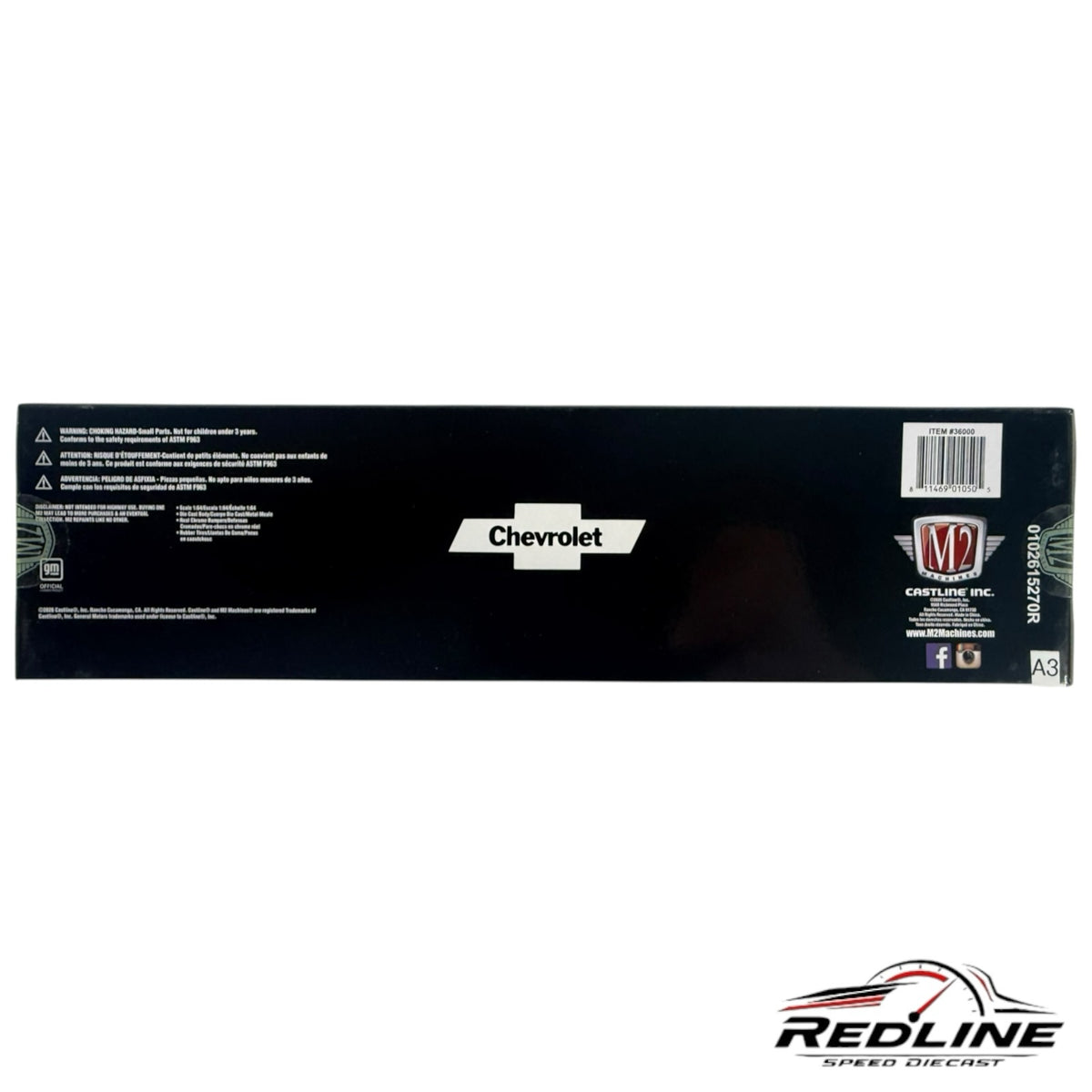 Redline Speed Diecast packaging box for M2 Machines Chevrolet pickup truck and hauler set with branding and barcode