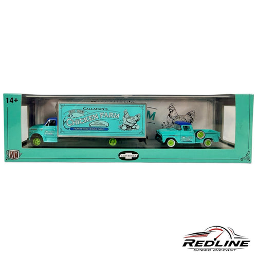 Redline Speed Diecast M2 Machines 1958 Chevrolet C60 truck and Apache pickup set in teal and blue with farm branding.