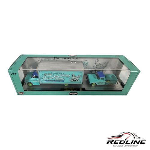 Redline Speed Diecast M2 Machines 1958 Chevrolet C60 truck and Apache pickup set in teal and blue with farm branding.