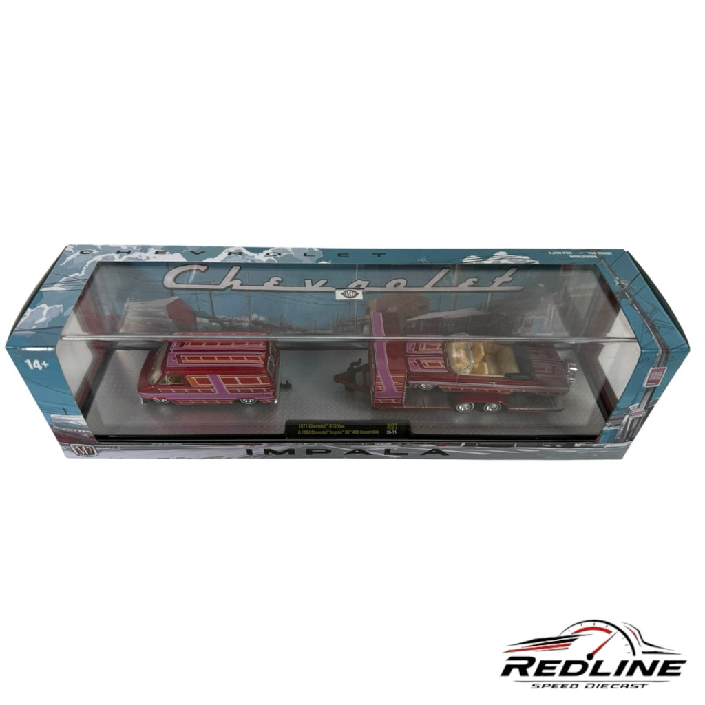 Redline Speed Diecast 1971 Chevrolet G10 van and 1964 Impala SS convertible set in deep red with pinstripe detailing.