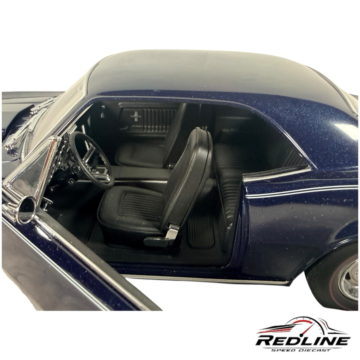 Redline Speed Diecast 1:18 scale metallic blue Chevrolet Yenko Camaro model with detailed black interior and bucket seats