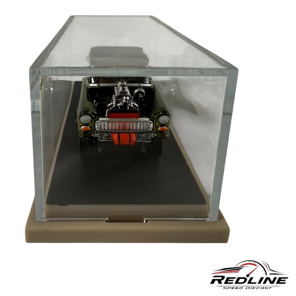 Redline Speed Diecast 1955 Chevy Bel Air Gasser in olive green with exposed chrome engine inside acrylic display case