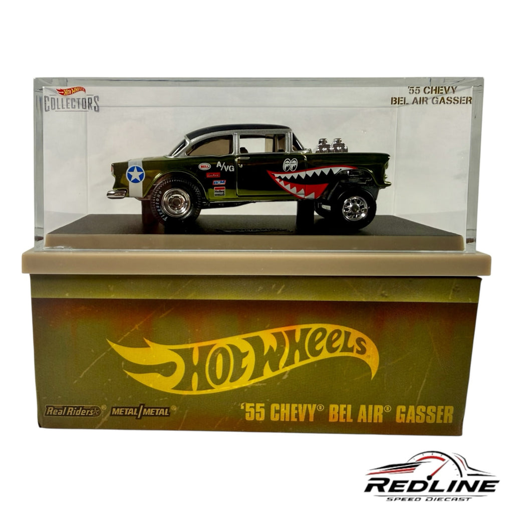 Redline Speed Diecast Hot Wheels 1955 Chevy Bel Air Gasser in olive green with shark-mouth art in acrylic display case