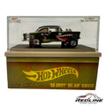 Redline Speed Diecast Hot Wheels 1955 Chevy Bel Air Gasser in olive green with shark-mouth art in acrylic display case