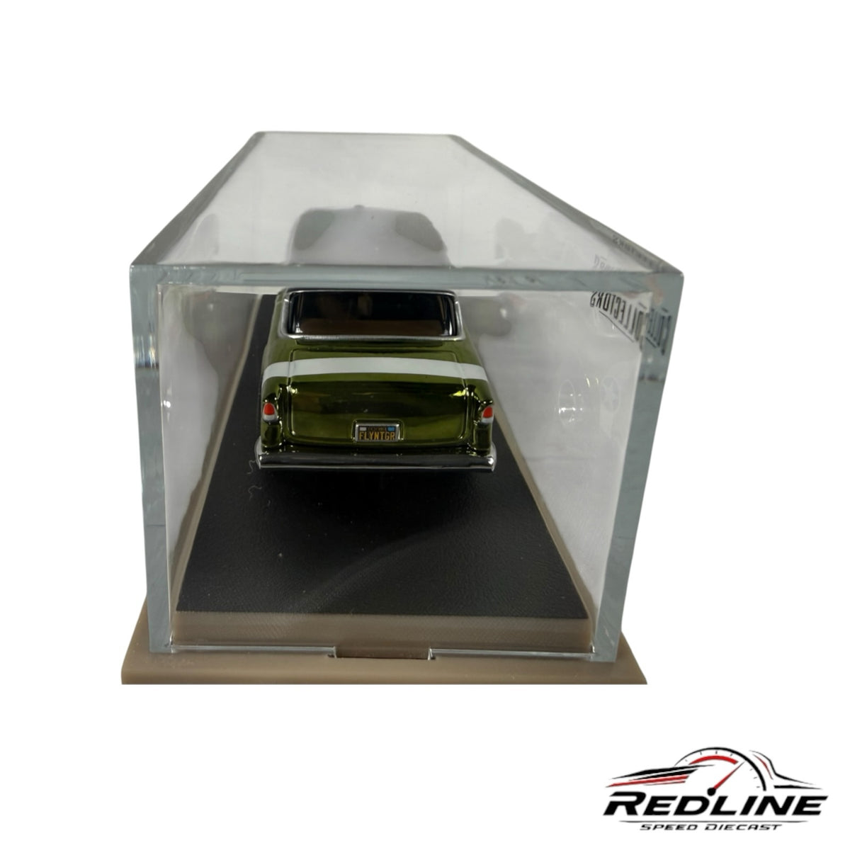Redline Speed Diecast 1955 Chevy Bel Air Gasser in olive green with white stripe, displayed in an acrylic case.