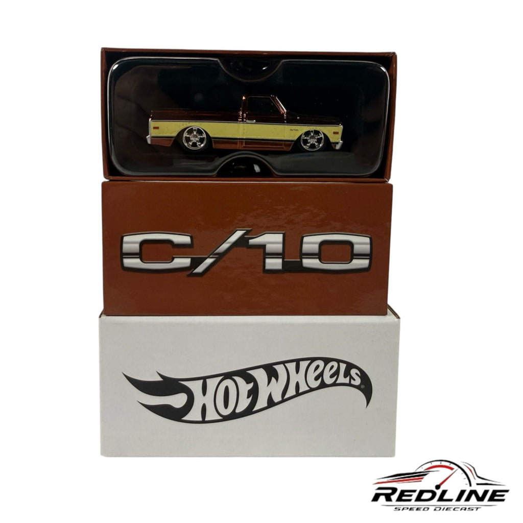 Redline Speed Diecast Hot Wheels 1969 Chevy C10 truck in Spectraflame Root Beer and cream, displayed in its box.