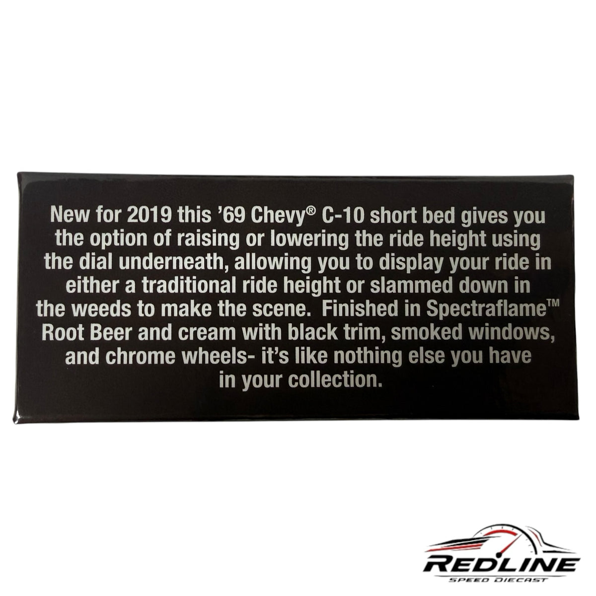 Redline Speed Diecast informational card for the 1969 Chevy C10 diecast truck with adjustable ride height features