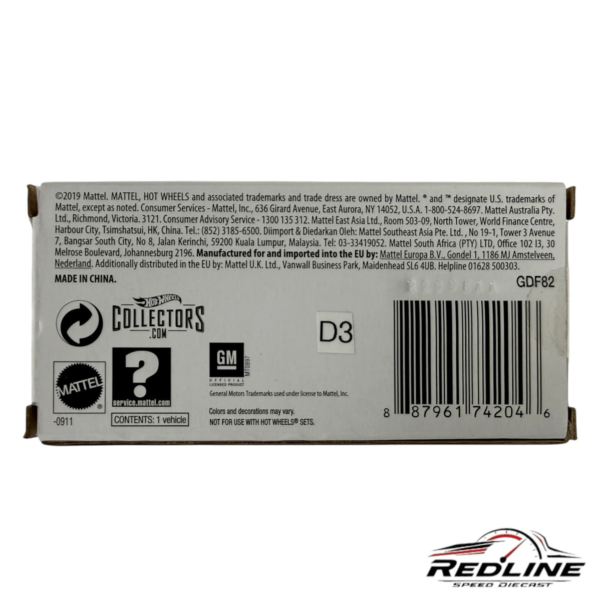 Redline Speed Diecast Hot Wheels 1969 Chevy C10 packaging back with product information, barcodes, and logos.