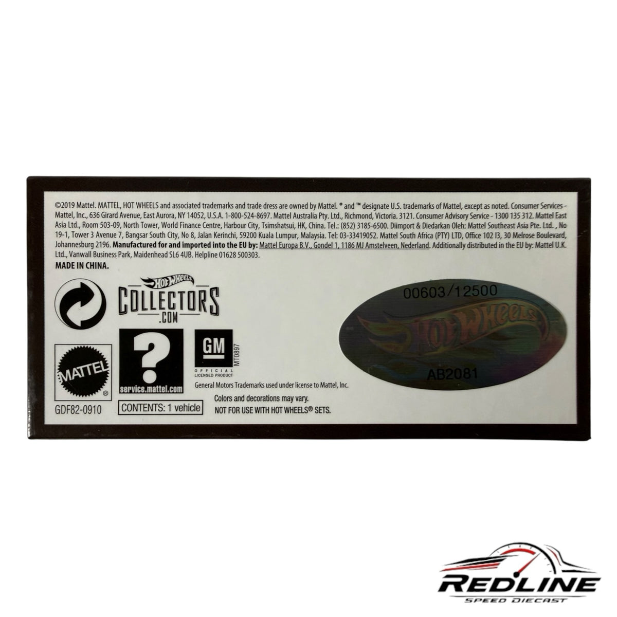 Redline Speed Diecast packaging back label for Hot Wheels 1969 Chevy C10 with collector information and logos